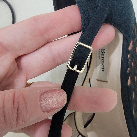 L.K. Bennett Rea Peep Toe Black Suede High Wedge Sandals Nude Lace Size 40 US 10 - Picture 9 of 15